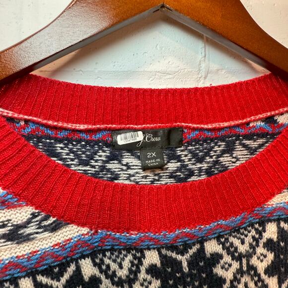 JCrew Fair Isle Crewneck Lambs Wool Blend Sweater 2X Red Navy Winter Christmas - Picture 9 of 16